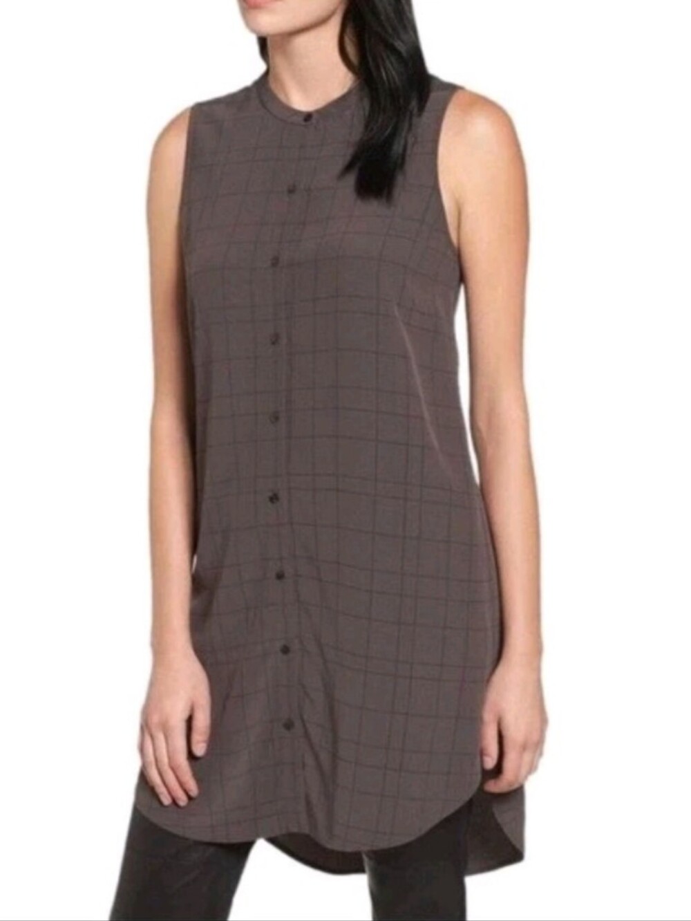 EILEEN FISHER mandarin collar button front tunic vest P M
